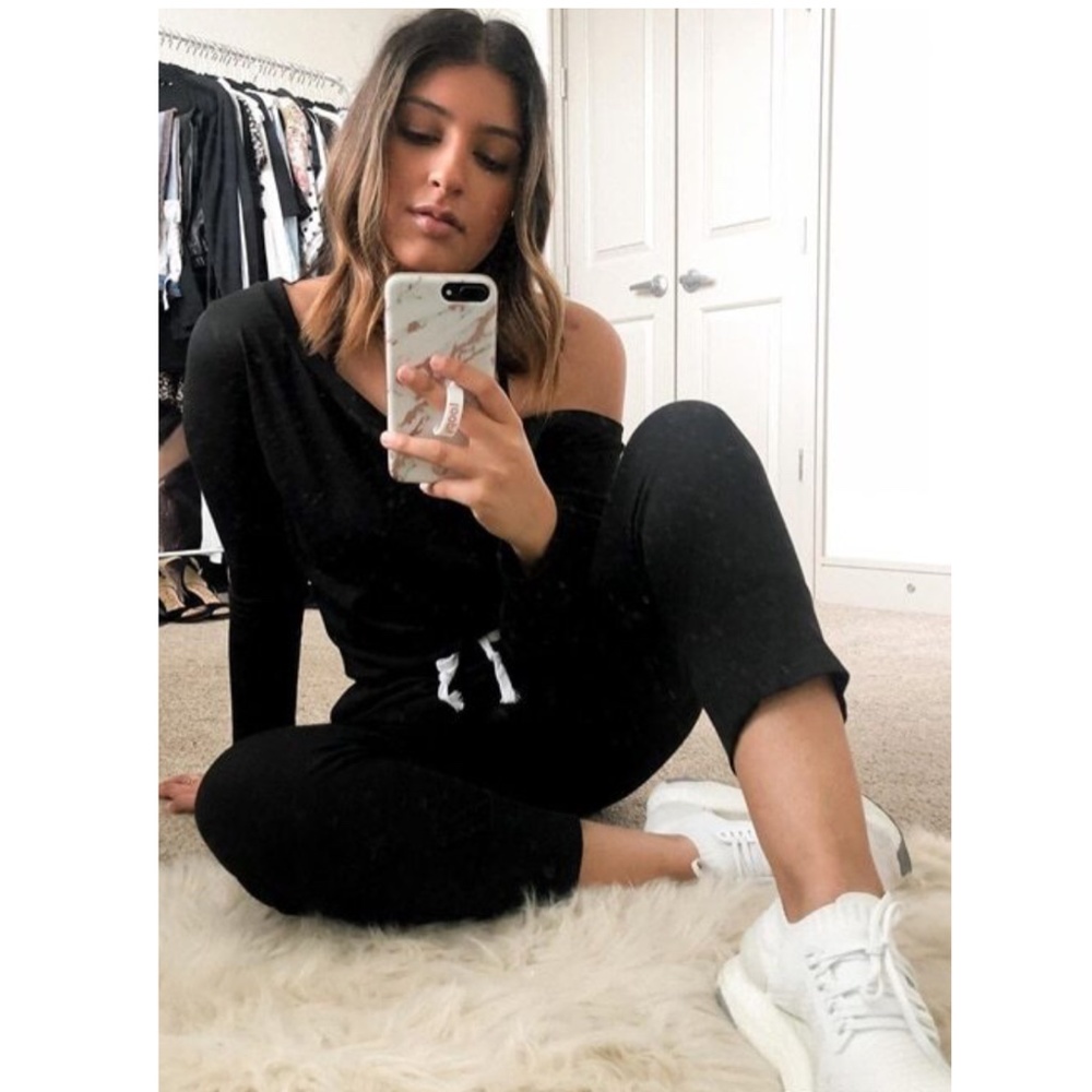 Off Shoulder Contrast Drawstring Black Jumpsuit - Picture 8 of 16